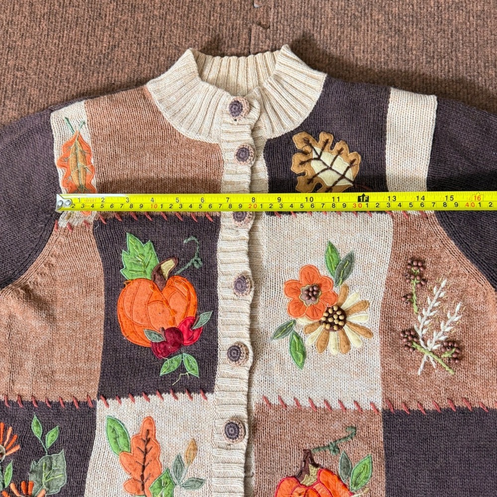 Tiara International Fall Patchwork Cardigan Pumpkin Embroidered Sweater Brown L - Picture 3 of 10